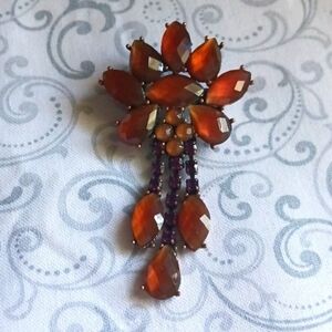 Amber Bronze Tone Flower Brooch